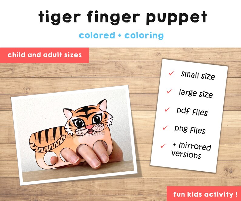 Tiger paper craft printable Jungle animal Finger Puppet Kids Craft Bear Birthday Party Kids Coloring Puppet Printable Instant Download image 3