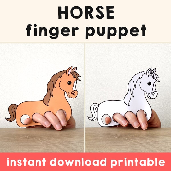 Horse paper craft printable Pony farm animal Finger Puppet Pretend Play Kids Craft Birthday Party Kids Coloring Puppet - Instant Download