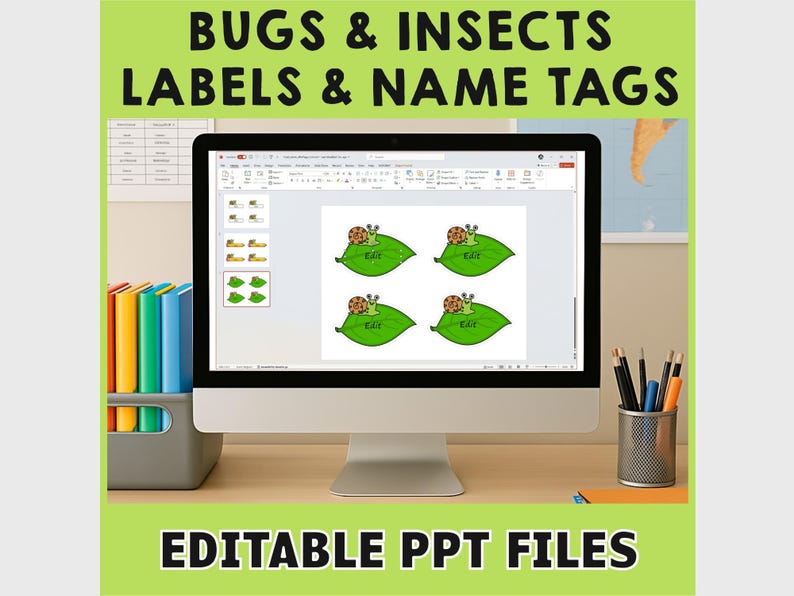 May include: A computer screen displays a PowerPoint presentation with bug-themed labels and name tags. The labels feature snails on green leaves. The text at the top reads "BUGS & INSECTS LABELS & NAME TAGS" and "EDITABLE PPT FILES" at the bottom.