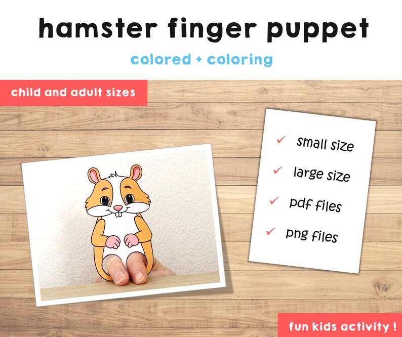 May include: A printable hamster finger puppet craft for kids. The image shows a colored version of the puppet with a white background. The text on the image says "hamster finger puppet" and "colored + coloring".