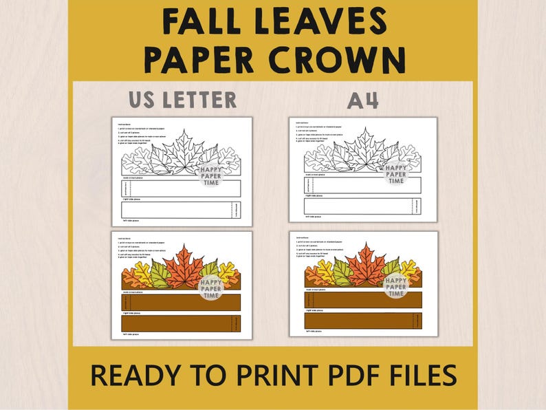 Fall Leaves Paper Headband Crown Thanksgiving Autumn Party Coloring Printable Kids Craft Costume Printable Favor Costume - Instant Download image 2