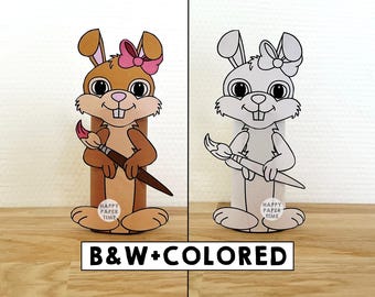 Easter Bunny Toilet Paper Roll Craft Rabbit Pets Easter Party Coloring Printable Decoration Kids Spring Play Cut out DIY - Instant Download