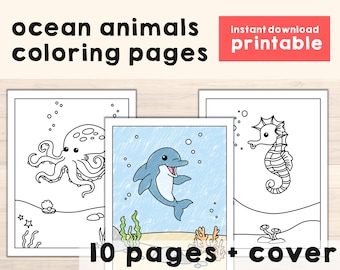 Dibujos para colorear de animales del océano - Actividad imprimible con temática marina para niños - Recuerdo de fiesta de cumpleaños con temática marina - Archivo PDF - Descarga instantánea
