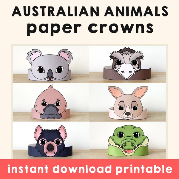 Australian animal Paper Crowns Safari Koala Kangaroo Crocodile Emu Platypus Printable Kids Craft Birthday Party Favor Costume DIY Download