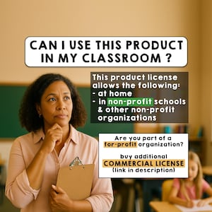 May include: An informational graphic featuring text that reads: CAN I USE THIS PRODUCT IN MY CLASSROOM? This product license allows the following: at home, in non-profit schools & other non-profit organisations. Are you part of a for-profit organisation? buy additional COMMERCIAL LICENCE (link in description).