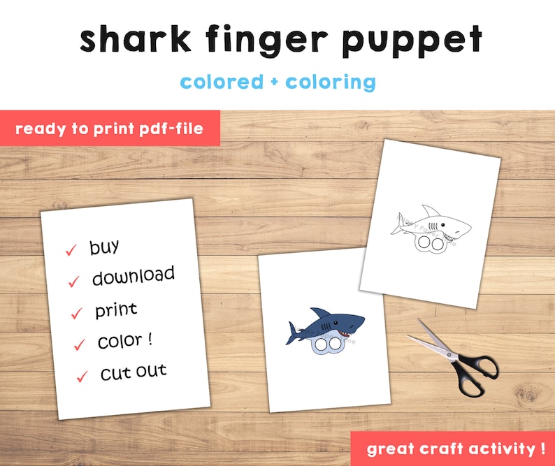 May include: Printable shark finger puppet craft activity. Includes a colored and a black and white version to color. Instructions include: buy, download, print, color, and cut out.