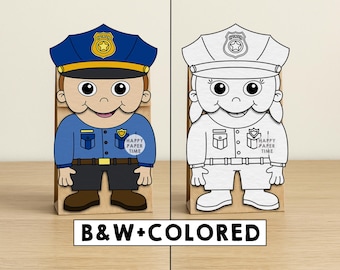 Police Officer Paper Bag Puppet Printable Community Helper Craft Activity Cut Paste Coloring Party Favor Instant Download
