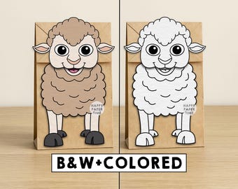 Marioneta de cordero y oveja en bolsa de papel para imprimir. Manualidad de animales de granja: recorta, pega y colorea. Ideal para fiestas. Descarga instantánea.