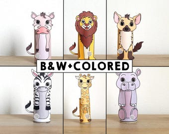 African animals Toilet Paper Roll Craft Safari Party Coloring Printable Decoration Kids Play Cut out Glue DIY - Instant Download