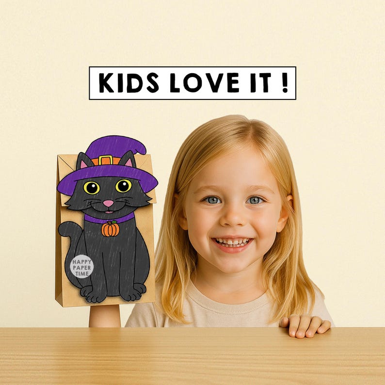 Puede incluir: Una bolsa de papel marr&oacute;n decorada con un gato negro que lleva un sombrero y un collar de bruja morados con una calabaza naranja. El texto "KIDS LOVE IT!" est&aacute; encima de la bolsa. Una ni&ntilde;a sonr&iacute;e al lado de la bolsa.