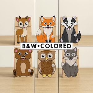 Forest Animals Paper Bag Puppets Printable Craft Activity Woodland Cut Paste Coloring Party Favor Instant Download