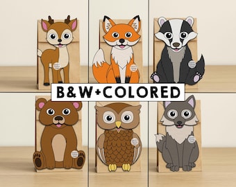 Fantoches de Saco de Papel com Animais da Floresta - Atividade de Artesanato Imprimível para Recortar e Colorir - Lembrancinha de Festa - Download Imediato