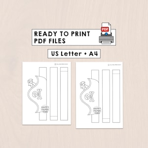 May include: A printable PDF file set featuring a black and white line art pirate hat template with a skull and crossbones design and a parrot. The text reads READY TO PRINT PDF FILES, US Letter + A4, and HAPPY PAPER TIME on the hat templates.