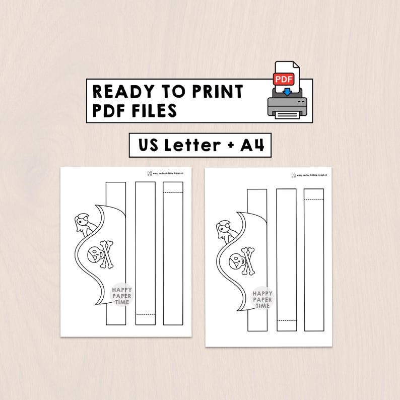 May include: A printable PDF file set featuring a black and white line art pirate hat template with a skull and crossbones design and a parrot. The text reads READY TO PRINT PDF FILES, US Letter + A4, and HAPPY PAPER TIME on the hat templates.