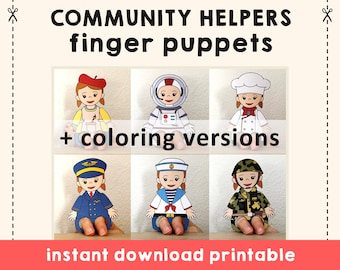 Plantilla de títere de dedo imprimible para manualidades de papel de ayudantes comunitarios, manualidades para niños, día de la profesión, fiesta de cumpleaños, títere para colorear imprimible - Descargar