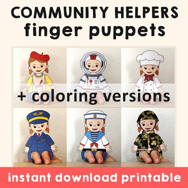 Community Helpers paper craft printable Finger Puppet Template Kids Craft Career Day Birthday Party Coloring Puppet Printable - Download