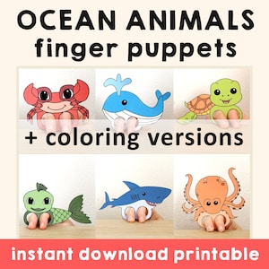 Ocean animals paper craft printable Finger Puppet Template Kids Craft Animal Birthday Party Sea Coloring Puppet Play Printable - Download