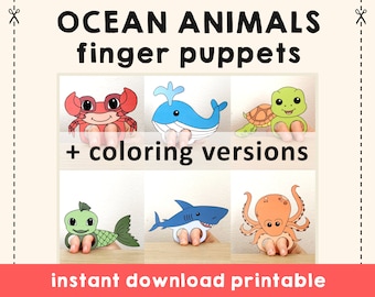 Ocean animals paper craft printable Finger Puppet Template Kids Craft Animal Birthday Party Sea Coloring Puppet Play Printable - Download