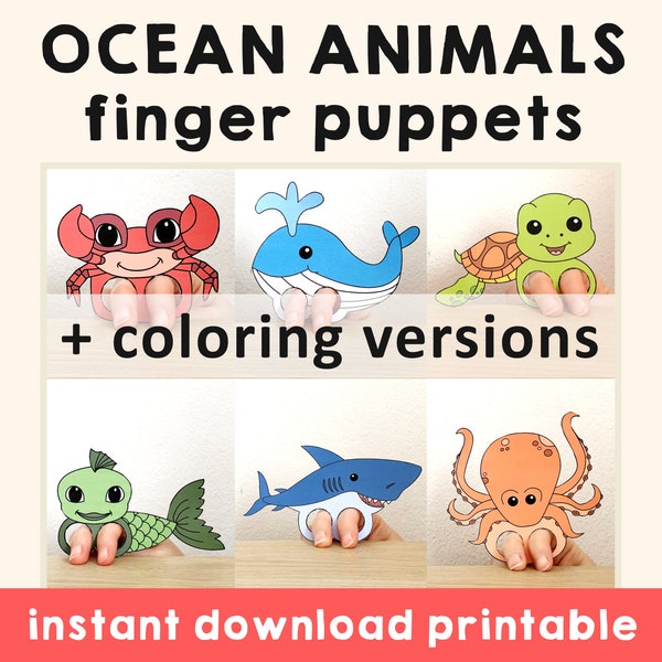 Ocean animals paper craft printable Finger Puppet Template Kids Craft Animal Birthday Party Sea Coloring Puppet Play Printable - Download