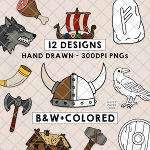 May include: A collection of Viking-themed digital designs, including a longboat, horned helmet, raven, and axe. The image includes the text "12 DESIGNS HAND DRAWN - 300DPI PNGS" and "B&W+COLORED".