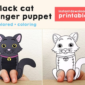 Black Cat paper craft printable Halloween Spooky Day Finger Puppet Kids Craft Birthday Party Kids Coloring Puppet - Instant Download