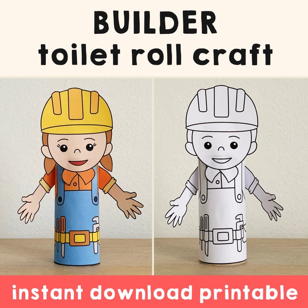 Builder Toilet Paper Roll Craft construction worker Party Coloring Printable Decoration Kids Career Day Community Helpers, Instant Download