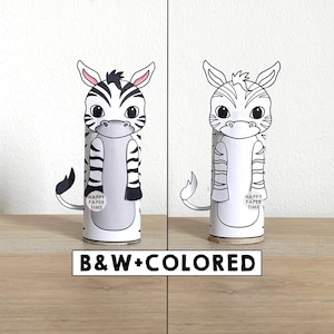 Manualidad con rollo de papel higiénico de cebra, fiesta de safari de animales africanos, decoración imprimible para colorear, juego para niños, recortar y pegar (DIY) - Descarga instantánea