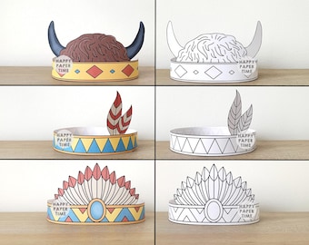 Native American Paper Crown activity Printable Kids Craft Headband Feather Birthday Party Favor Indian Costume Printable Instant Download
