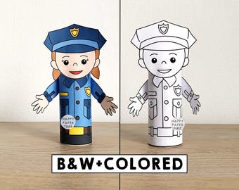 Police officer Toilet Paper Roll Craft policeman Party Coloring Printable Decoration Kids Career Day Community Helpers Cut, Instant Download