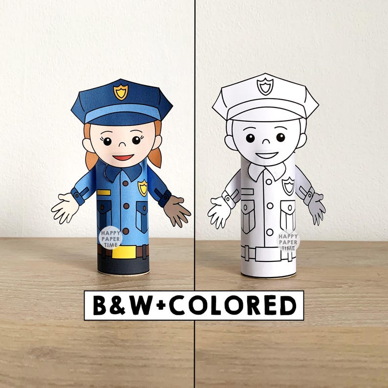 Police officer Toilet Paper Roll Craft policeman Party Coloring Printable Decoration Kids Career Day Community Helpers Cut, Instant Download image 1