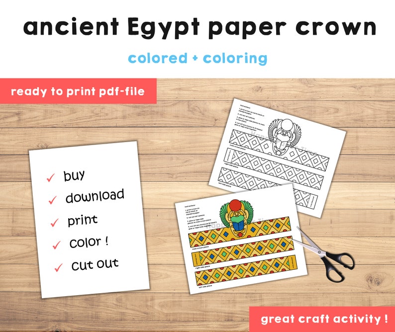 Ancient Egypt Scarab Paper Crown Princess template Party Coloring Printable Kids Craft Birthday Favor pdf favor DIY - Instant Download image 2
