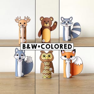 Woodland Animals Toilet Paper Roll Craft Forest Party Coloring Printable Decoration Kids Wild Play Cut out Glue DIY - Instant Download