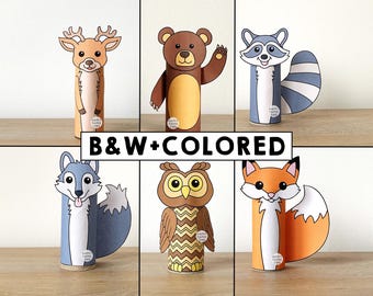 Woodland Animals Toilet Paper Roll Craft Forest Party Coloring Printable Decoration Kids Wild Play Cut out Glue DIY - Instant Download