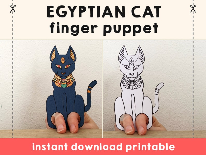 May include: Printable Egyptian cat finger puppet craft. The image shows two versions of the puppet, one colored blue and the other in black outline. The text "EGYPTIAN CAT finger puppet" is at the top of the image. The text "instant download printable" is at the bottom of the image.