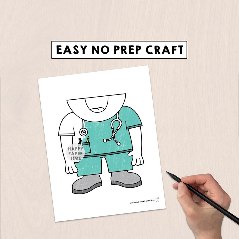 K&ouml;nnte beinhalten: Cartoon-Illustration eines Arztes in t&uuml;rkisfarbenem Kittel mit Stethoskop und Stift in der Tasche. Der Text "EASY NO PREP CRAFT" steht oben. Die Worte "HAPPY PAPER TIME" sind auf der Illustration aufgedruckt.