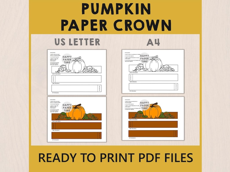 Pumpkin Paper Crown Headband Hat Craft Autumn Fall Thanksgiving Party Coloring Printable Kids Costume Favor Costume DIY - Instant Download image 2