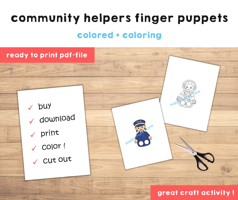 May include: Printable finger puppets of community helpers, including a pilot and an astronaut. The puppets are ready to color and cut out. The instructions say to buy, download, print, color, and cut out the puppets.