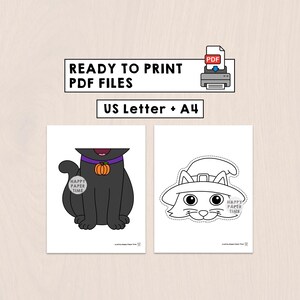 Puede incluir: Dos archivos PDF imprimibles con tem&aacute;tica de Halloween. Uno presenta un gato negro con un collar morado y una calabaza, el otro un gato con un sombrero de bruja. El texto dice "READY TO PRINT PDF FILES" y "US Letter + A4".