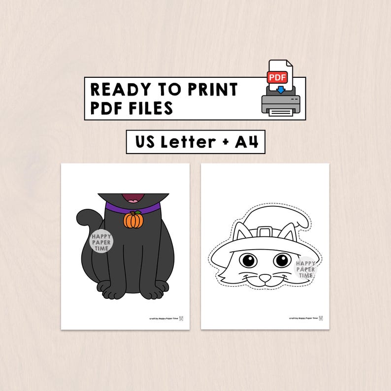 Puede incluir: Dos archivos PDF imprimibles con tem&aacute;tica de Halloween. Uno presenta un gato negro con un collar morado y una calabaza, el otro un gato con un sombrero de bruja. El texto dice "READY TO PRINT PDF FILES" y "US Letter + A4".