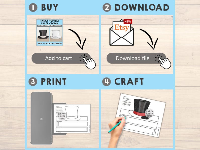 May include: A step-by-step guide for crafting a paper top hat. The image shows the process: buy, download, print, and craft. The instructions include a black and white and colored version of the hat. The text includes "Add to cart" and "Download file".