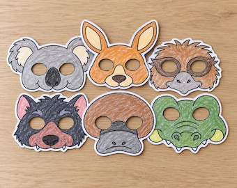 Australische Tiermasken aus Papier – Zootierkostüme, Bastelidee für Kinder, Ausmalen, Gastgeschenk, druckbare Maskenvorlage – Sofort-Download (PDF)