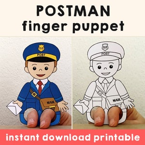 Cartero papel artesanal imprimible Community Helper Finger Puppet Kids Letterman Craft Career Day Coloring Puppet - Descarga instantánea