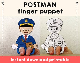 Postman paper craft printable Community Helper Finger Puppet Kids Letterman Craft Career Day Coloring Puppet - Instant Download