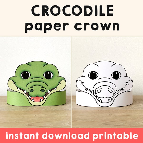 Crocodile Paper Crown Party Coloring Printable Kids Craft Safari Birthday Decor Printable Favor pdf Costume DIY Printable Instant Download