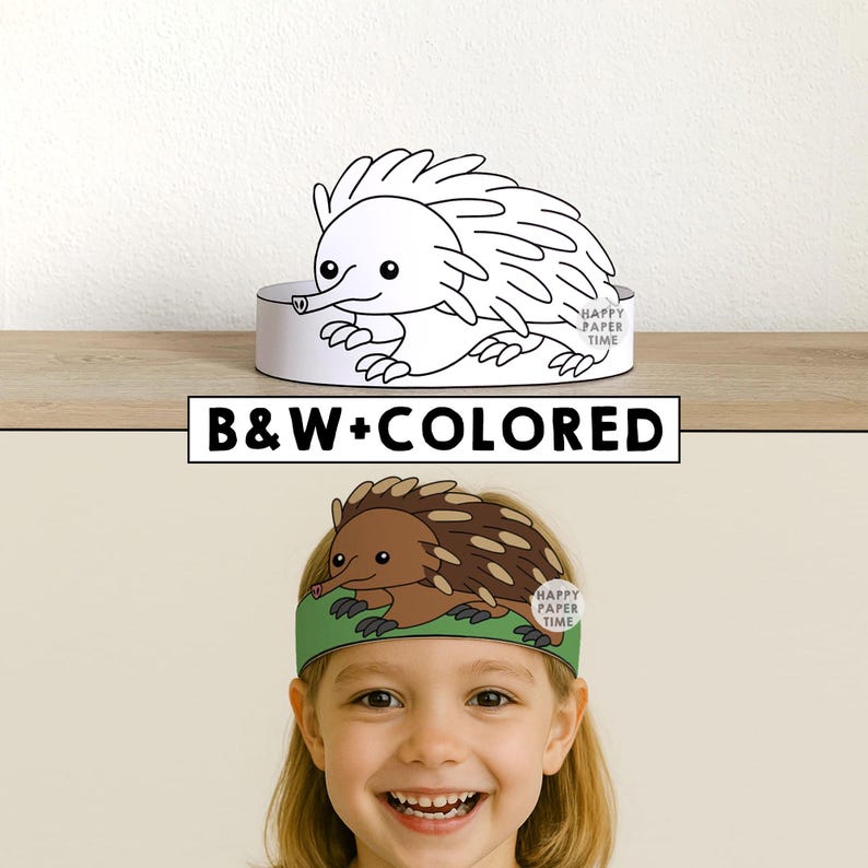 Echidna Paper Crown Australian Animal Template Coloring Activity Printable Kids Craft Birthday Party Favor Costume DIY Instant Download image 1