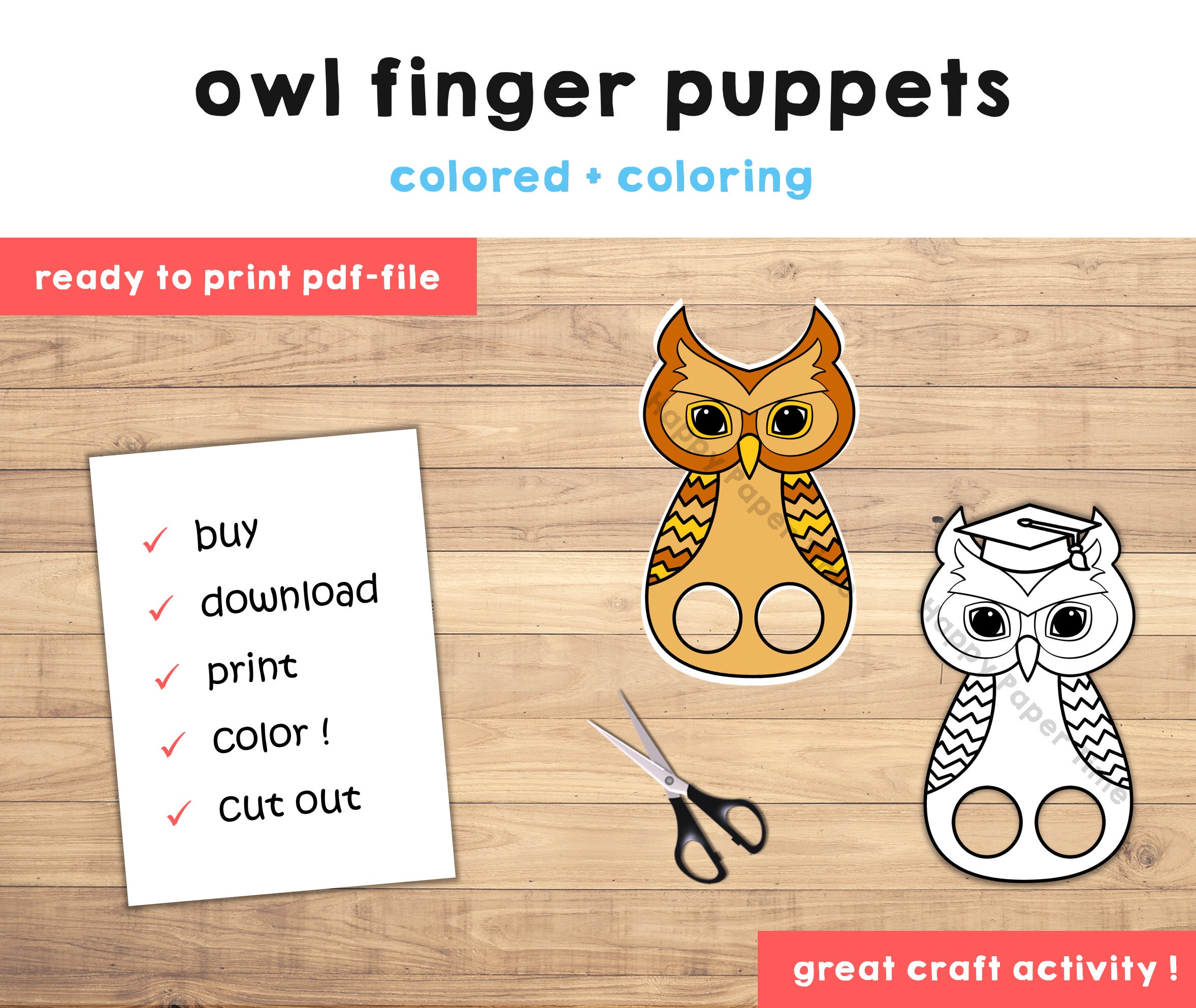 Owl Puppet Paper Craft Printable Finger Puppet Kids Craft Animal ...