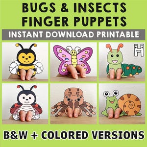 Bugs Insekten Papier Handwerk druckbare Fingerpuppe Vorlage Kinder Handwerk Tier Geburtstagsparty Kinder Färbung Puppenspiel Printable - Download