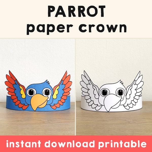 Parrot Paper Crown Headband Pet Animal Printable Kids Craft Bird Party Coloring Birthday Printable Favor Costume DIY - Instant Download
