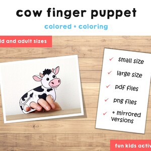 Peut inclure: Un mod&egrave;le imprimable de marionnette de doigt de vache noir et blanc. La marionnette est color&eacute;e et pr&ecirc;te &agrave; l'emploi. L'image montre &eacute;galement une version vierge de la marionnette qui peut &ecirc;tre colori&eacute;e. Le texte "cow finger puppet" est en haut de l'image. Le texte "colored + coloring" est sous le titre. Le texte "child and adult sizes" est sous le titre. Le texte "small size", "large size", "pdf files", "png files", "+ mirrored versions" et "fun kids activity!" sont list&eacute;s sur le c&ocirc;t&eacute; droit de l'image.