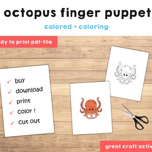 K&ouml;nnte beinhalten: Ausdruckbare Fingerpuppe mit einem Oktopus. Die Druckvorlage enth&auml;lt eine farbige und eine schwarz-wei&szlig;e Version der Oktopus-Puppe. Die Anleitung lautet: Kaufen, herunterladen, drucken, ausmalen und ausschneiden.